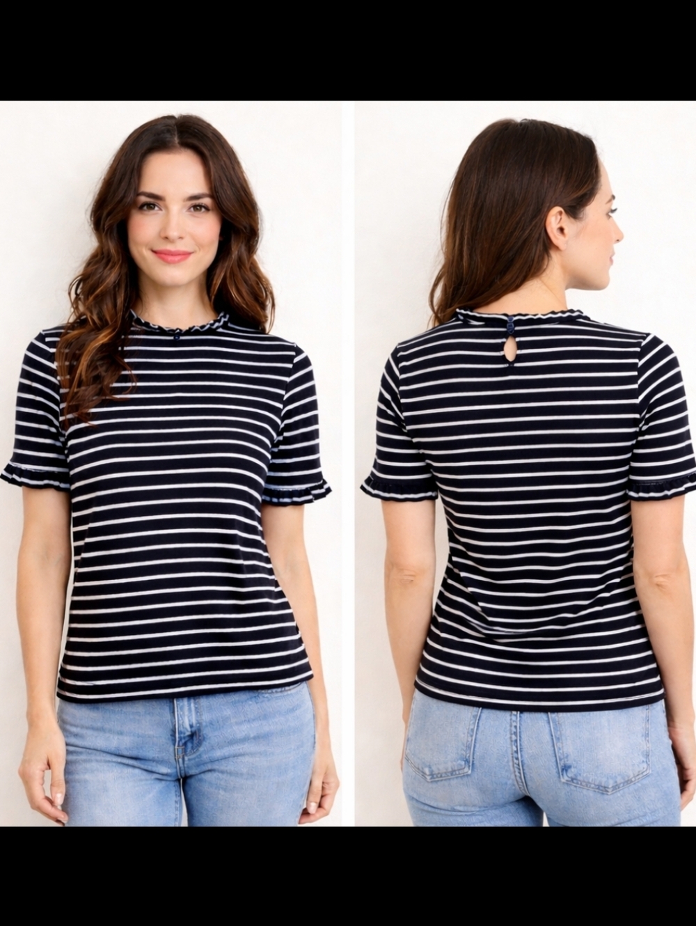 Ann Taylor Blue White Striped Mock Neck Ruffle Knit Top Small